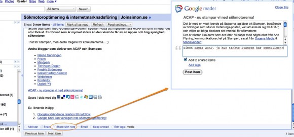 Share with note i google reader